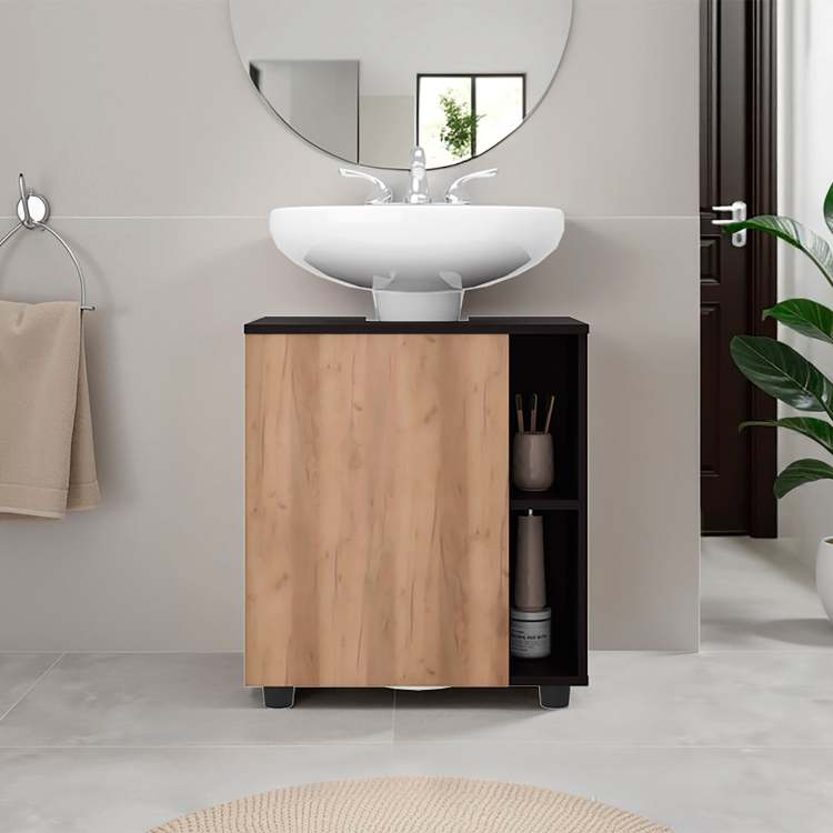 Wenge And Natural Oak 1 Door Pedestal Sink Cabinet