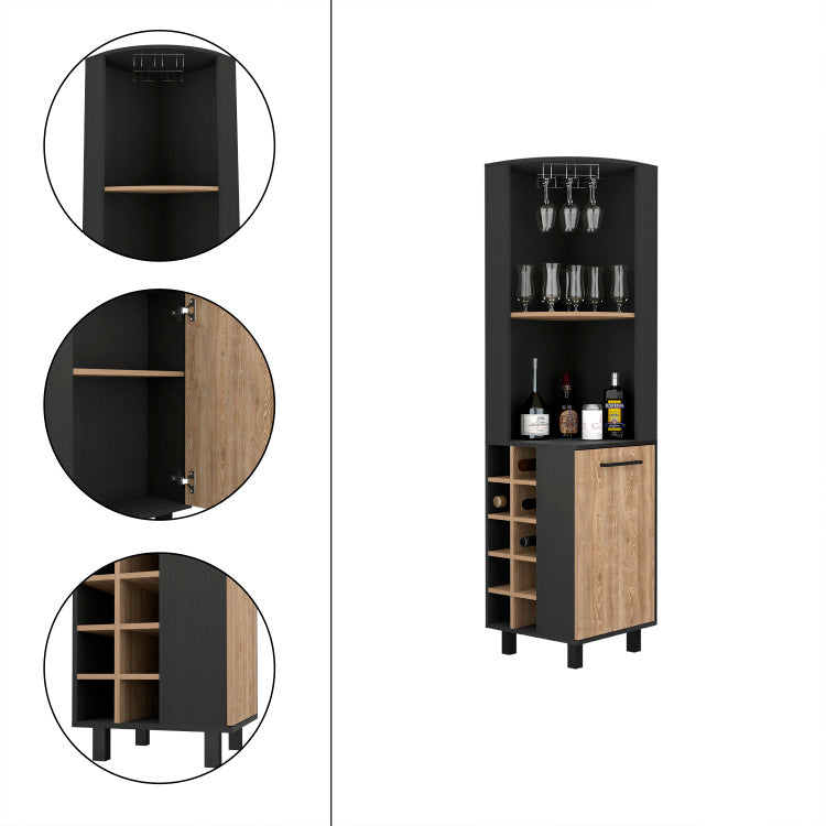 Corner Bar Single Door Cabinet Two Shelves, Ten Built In Wine Rack, Two Interior Shelves, Black Pine