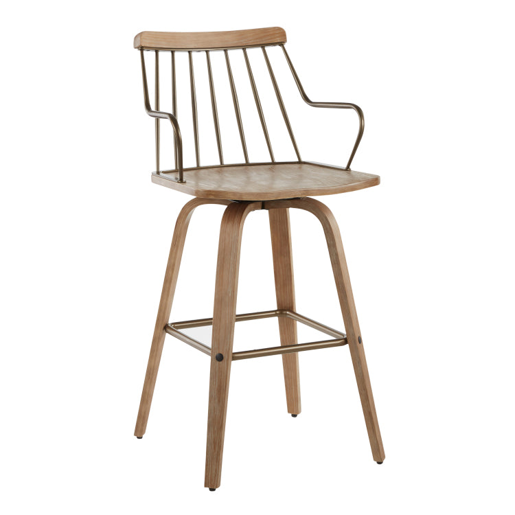 Counter Stool In White Washed Wood And Antique Copper Metal
