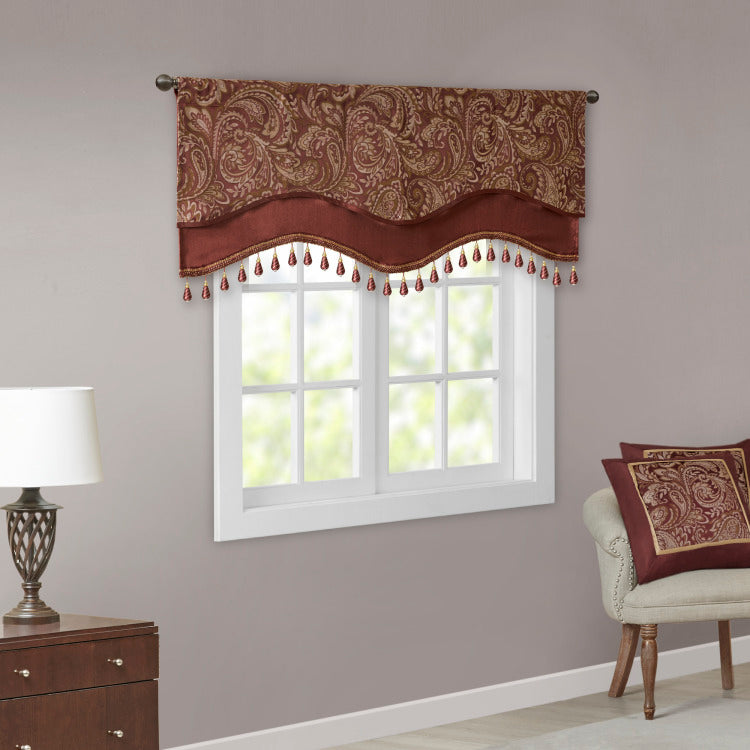 Jacquard Window Rod Pocket Valance With Beads Burgundy 50X18"