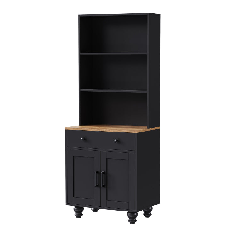 Farmhouse Storage Cabinet With 4 Solid Wood Gourd Shaped Legs, Modern Kitchen Pantry Cabinet With Adjustable Shelves, 5 Tier Bookshelf With Drawer For Living Room, Black