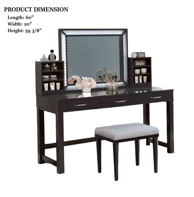 Glam Style 1Pc Vanity W Stool Set Tempered Glass Top Central Mirror Storage Drawers Padded Stool Obsidian Gray Finish