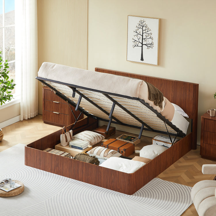 King Size Lift Up Storage Bed Frame, Wooden Corrugated Curved Lines, Hydraulic Storage No Box Spring Needed, Walnut