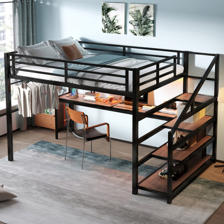 Queen Loft Bed With Desk And Storage Stairs, Metal Loft Beds With Led Lights, Usb Ports, Multifunctional Iron Nets, No Spring Box Needed And Noise Free, Black