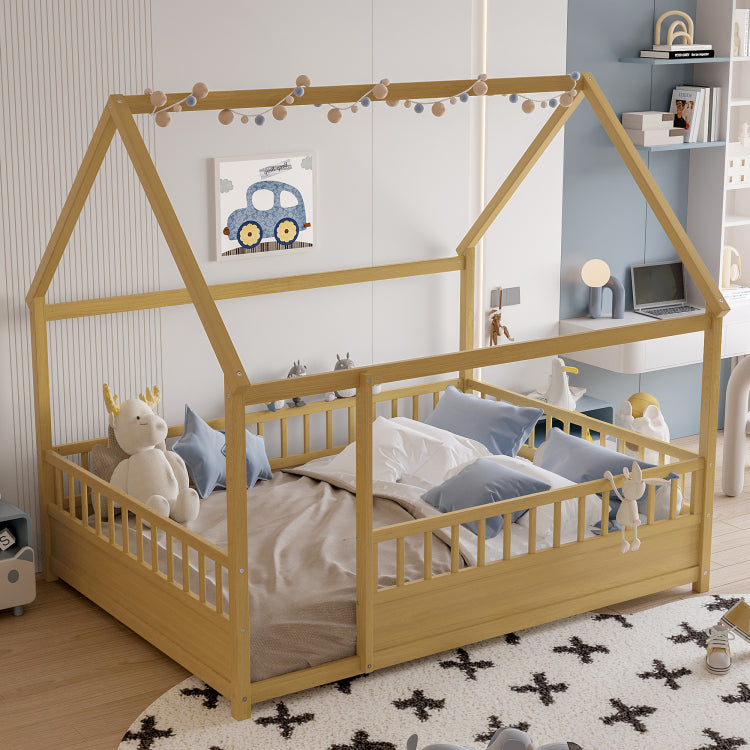 Full Size Floor Wooden Bed With House Roof Frame, Fence Guardrails Full,Natural