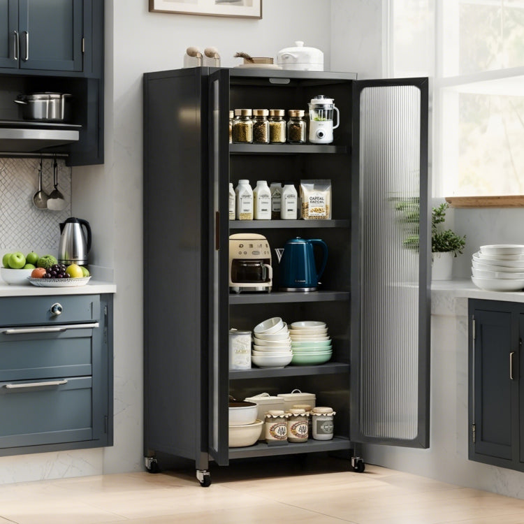 65" Kitchen Pantry Storage Cabinet, 6 Tier Metal Display Storage Cabinet With Transparent Door, Adjustable Shelves & Wheels, Food Pantries Cabinets, For Kitchen, Living Room And Dining Room, Gray
