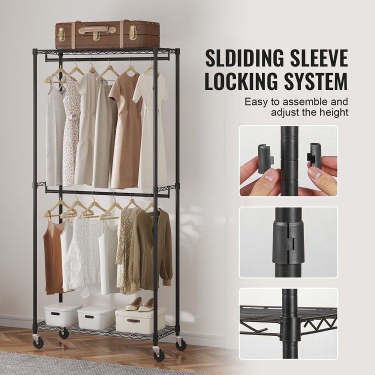 Heavy Duty Clothes Rack, Double Hanging Rods Clothing Garment Rack With Bottom And Top Storage Tier, Rolling Clothing Rack For Hanging Clothes, 1'' Diameter Thicken Steel Tube Hold Up To 300Lbs