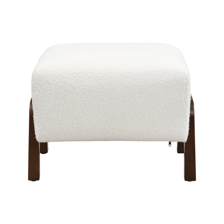 Upholstered Ottoman, Wooden Legs, White, Boucle