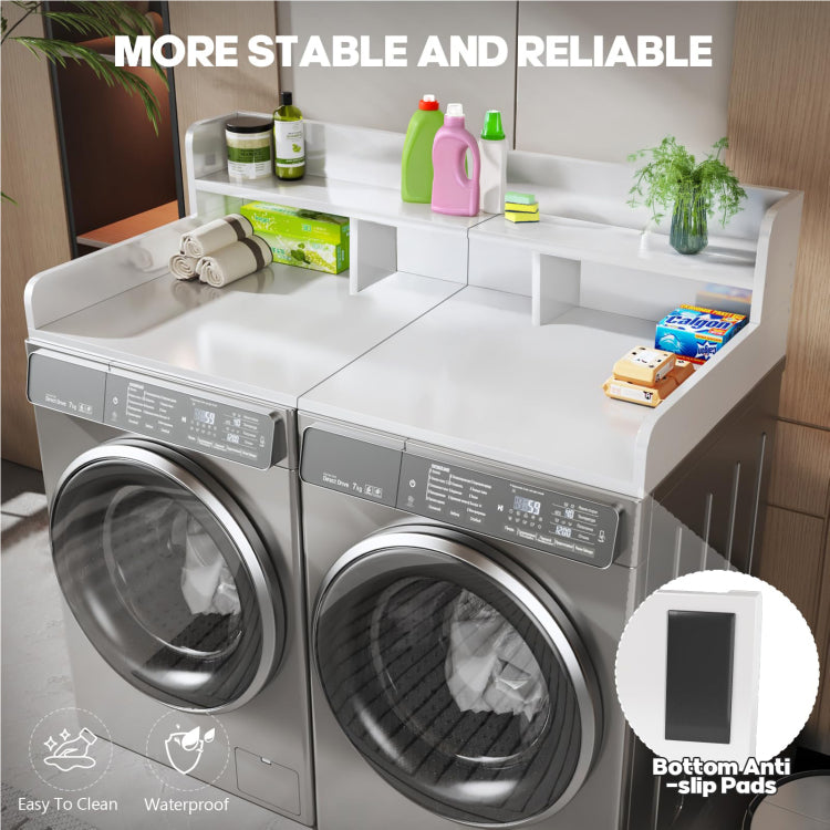 Washer Dryer Countertop With Non Slip Pads Laundry Wood Shelf Topper With Edge, 54" Width X 27.5" Depth Double Layer Organizer For Washer And Dryer Laundry Hamper Counter Storage Organization White