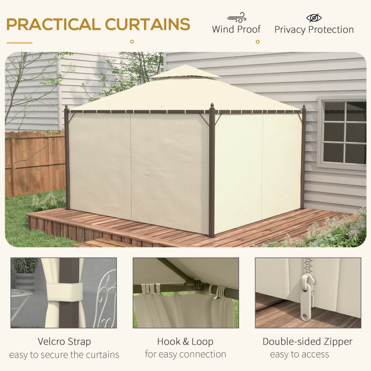 Outsunny 10' X 12' Steel Outdoor Patio Gazebo With Polyester Privacy Curtains, Two Tier Roof For Air, Large Design