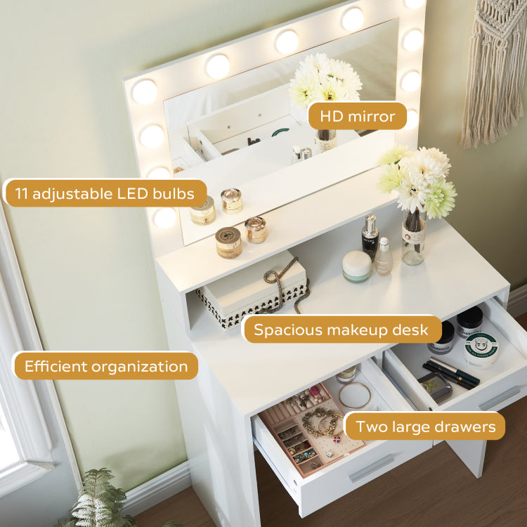 Vanity Desk With Mirror And Lights, Dressing Table With Large Drawer, 2 Level Storage Dresser & 3 Lighting Modes Adjustable Brightness, Suitable For Bedroom White