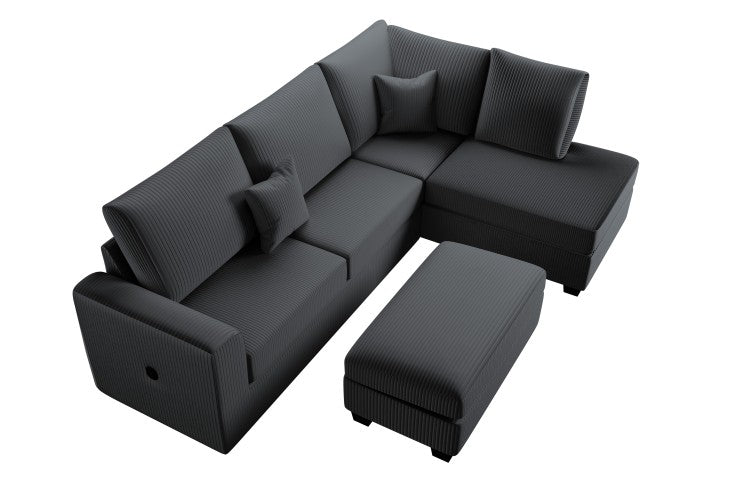 Modern Style 3Pc Sectional Set Usb Port Storage Ottoman Right Arm Chaise Left Arm Sofa Black Finish Primary Living Room