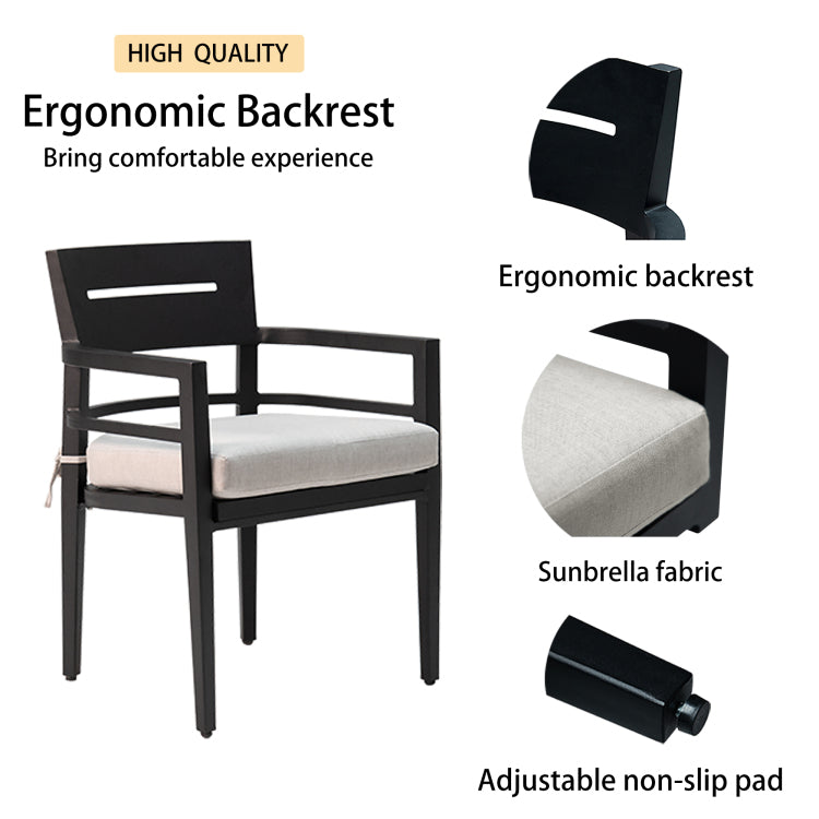 7 Piece Outdoor Patio Aluminum Furniture, Modern Dining Set, Including 4 Dining Chairs & 2 Swivel Rockers Sunbrella Fabric Cushioned And Rectangle Dining Table With Umbrella Hole, Ember Black