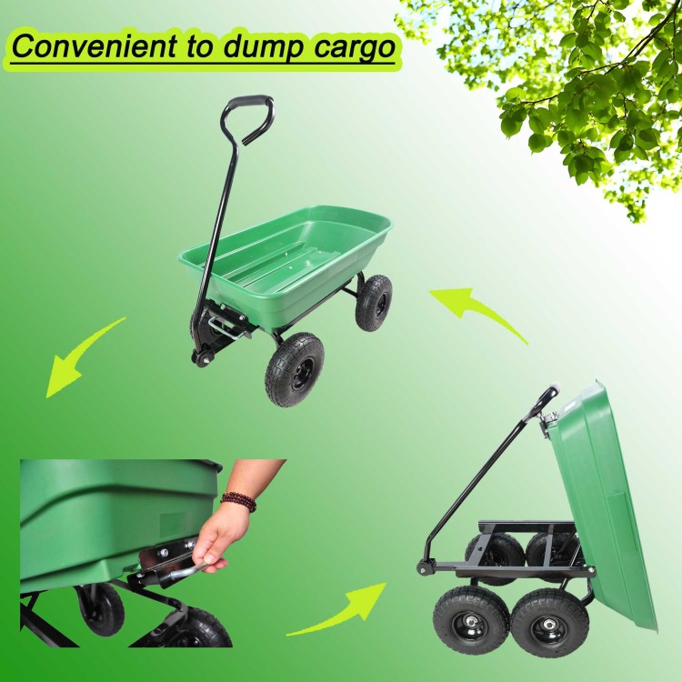 Folding Car Poly Garden Dump Truck With Steel Frame, 10 Inches. Pneumatic Tire, 300 Lb Capacity Body 55L Green
