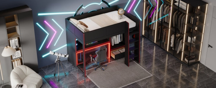 Wood Twin Size Gaming Loft Bed With Built In Desk, Wardrobe, Led And A Drawer, Black