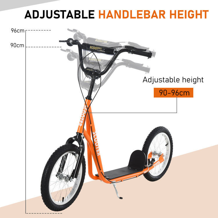 Aosom Youth Scooter Kick Scooter For Kids 5 With Adjustable Handlebar 16" Front And Rear Dual Brakes Inflatable Wheels, Orange