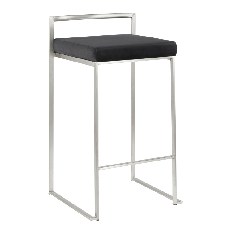 26" Contemporary Stackable Counter Stool In Stainless Steel With Black Velvet Cushion Set Of 3