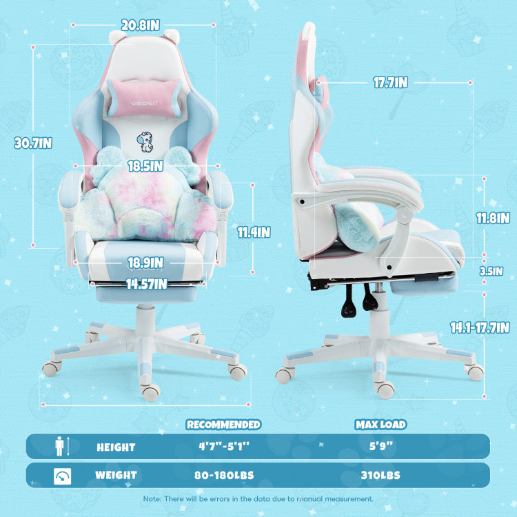 Cute Cat Gaming Chair With Paw Lumbar Cushion, Pc Video Gamer Chair For Girl Teen Woman Bp