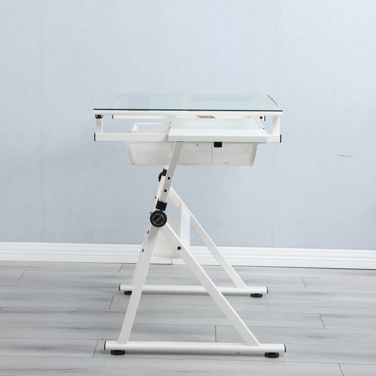 White Adjustable Tempered Glass Drafting Printing Table With Chair