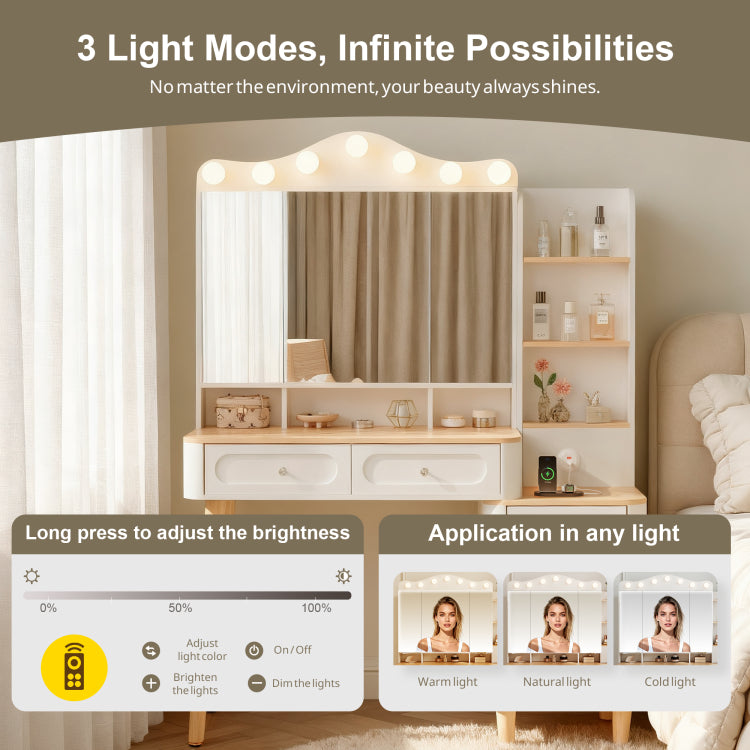 Vanity Desk With Mirror And Lights,Makeup Vanity With 2 Usb Power Strip,Vanity Set With Two Drawers And Three Drawer Chest, 3 Lighting Modes Adjustable Brightness, Foldable Three Sided Mirror White
