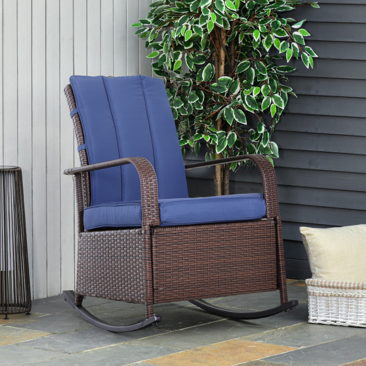 Outsunny Wicker Outdoor Rocking Chair, Patio Recliner With Adjustment Backrest, Pe Rattan Lounge Chair With Adjustable Footrest And Cushions For Garden, Backyard, Porch, Blue