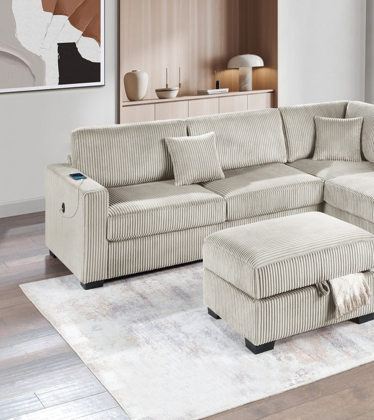 Camel Wide Welt Corduroy Sectional Sofa Reversible Chaise Sofa W Usb Storage Ottoman Upholstered Couch Pillows 3Pc Set Living Room