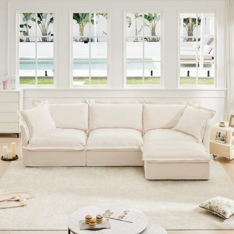 L Shaped Slipcovered Sectional Sofa Couch, Comfy Chenille Deep Seat Cloud Couch With Convertible Ottoman & 2 Big Pillows, Modern Oversized 3 Seater Slipcovered Sofa Set For Living Room Office, Cream