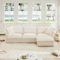 L Shaped Slipcovered Sectional Sofa Couch, Comfy Chenille Deep Seat Cloud Couch With Convertible Ottoman & 2 Big Pillows, Modern Oversized 3 Seater Slipcovered Sofa Set For Living Room Office, Cream