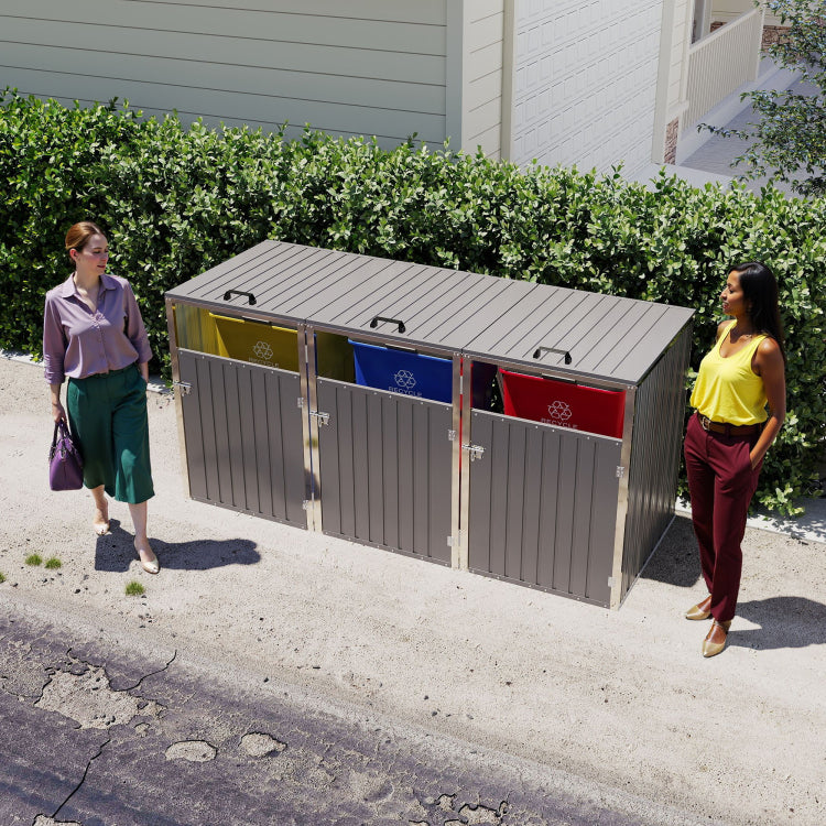 Garbage Bin Shed Stores 3 Trash Cans With Pneumatic Support Rod, With Lockable Doors & Waterproof Lid Chain, For Patio,Garden,Backyard,Grey
