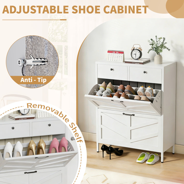 Shoe Cabinet With 2 Flip Drawers And 2 Drawers, Slim Metal Entryway Storage Cabinet, Freestanding 31.5"W X 40.75"H White Organizer With Anti Tip Device