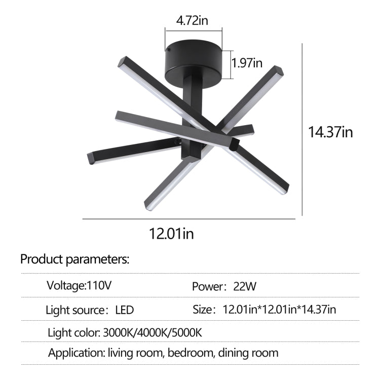 12 Inch Modern Led Ceiling Light, Geometric Starburst Design With Black Finish For Living Room, Bedroom, And Hallways