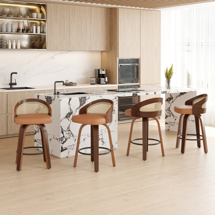Swivel Bar Stools Set Of 2, Modern Wood Frame With Rattan Back, Pu Leather Stool For Kitchen Counter, Mid Century Upholstered Barstools With Footrest,Industrial Counter Height Stools