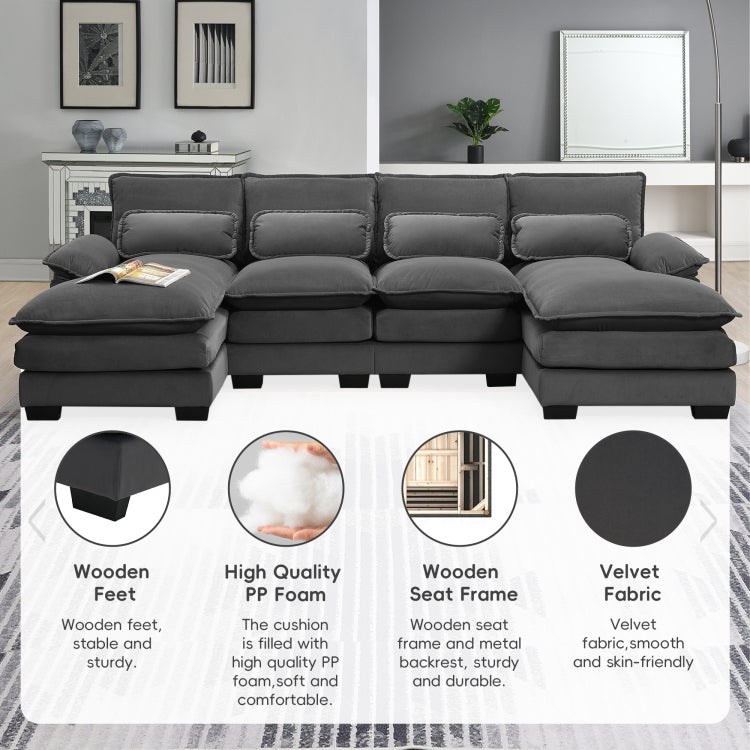 109.8*55.9" Modern U Shaped Sectional Sofa With Waist Pillows,6 Seat Upholstered Symmetrical Sofa Furniture,Sleeper Sofa Couch With Chaise Lounge For Living Room,Apartment,5 Color