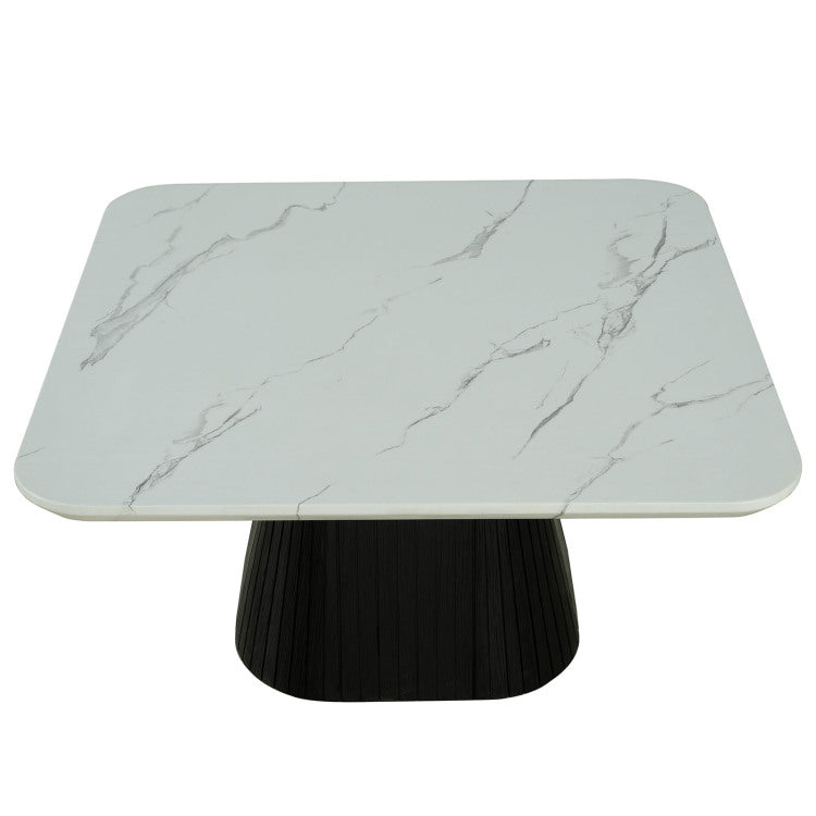 Contemporary Style Square Coffee Table Faux Marble Top Reeded Drum Base Black Finish Primary Living Room