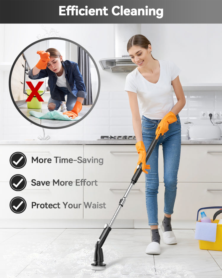 Tasvac Eb5 Black Electric Spin Scrubber, Cordless Cleaning Brush With 5 Replaceable Heads, 450 Rpm, Adjustable Telescopic Handle, 90Min Runtime