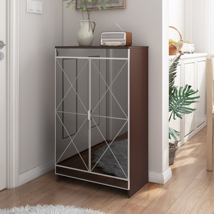 Elegant Decor Mirrored Cabinet With Silver Edging,Mirrored Cabinet With Double Door Storage,Shoe Storage Cabinet For Entryway,Glass Brown Finish