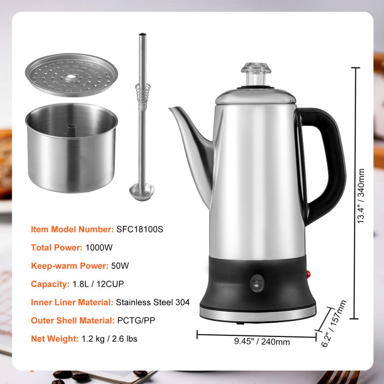 12 Cup Electric Percolator Coffee Pot, 304 Stainless Steel Coffee Percolator With Keep Warm Function & Heat Resistant Handle, Classic Coffee Maker, Quick Brew & Easy Pour Spout, Silver