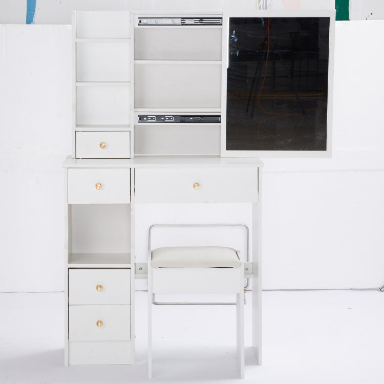 29.2" Small Space Left Drawer Desktop Vanity Table Cushioned Stool, Extra Large Right Sliding Mirror, Multi Layer High Capacity Storage, Practical Fashionable Dresser, Epa, Gcc, Ul Certificate