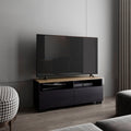Colman Modern Tv Stand With Open Shelves And Compact Profile, Minimalist Media Console For Living Room Or Bedroom, Black Natural Oak
