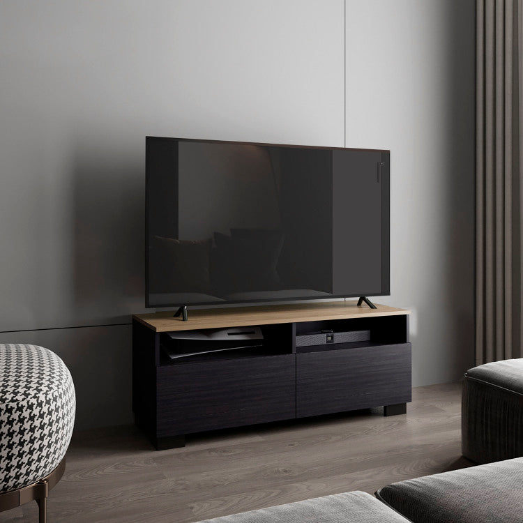 Colman Modern Tv Stand With Open Shelves And Compact Profile, Minimalist Media Console For Living Room Or Bedroom, Black Natural Oak