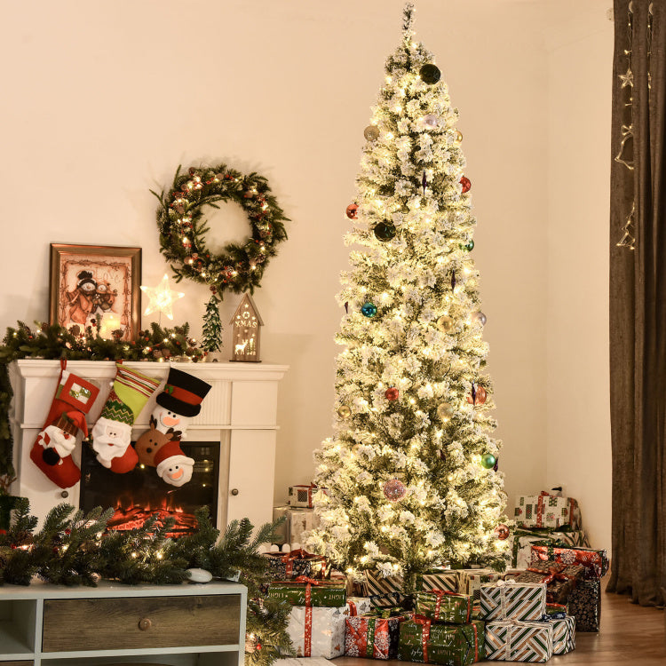 Homcom 7.5Ft Pre Lit Snow Flocked Slim Douglas Fir Artificial Christmas Tree With Realistic Branches, 350 Led Lights And 641 Tips