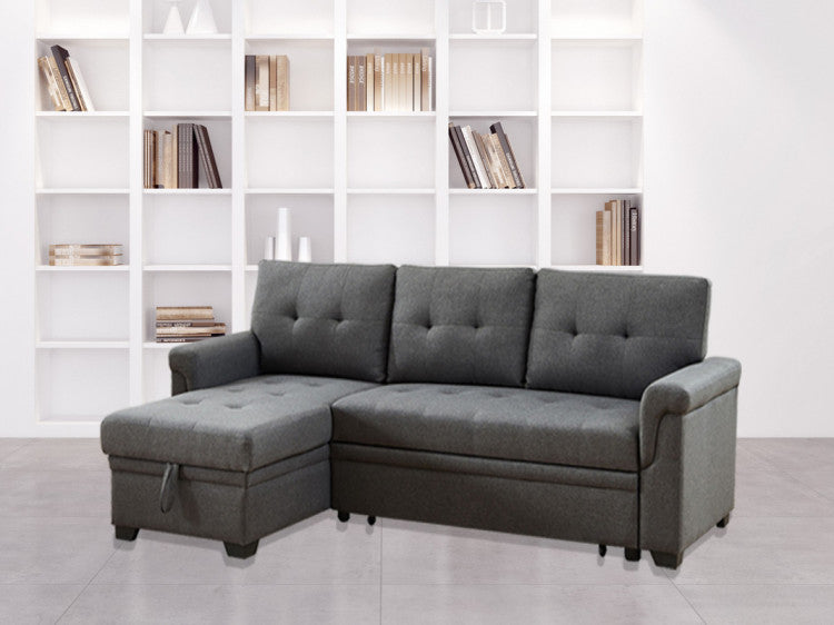 Destiny 84" Dark Gray Linen Reversible Sleeper Sectional Sofa With Storage Chaise
