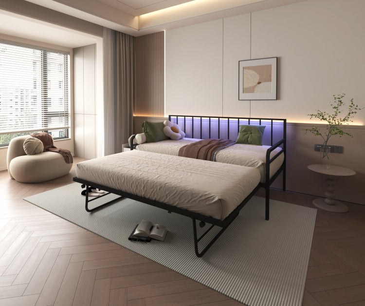 Twin Daybed With Rgb Led Lights & Charging Station, Height Adjustable Day Bed Frame With Trundle, Versatile Metal Sofa Bed Frame For Bedroom, Living Room, Guest Room, Black
