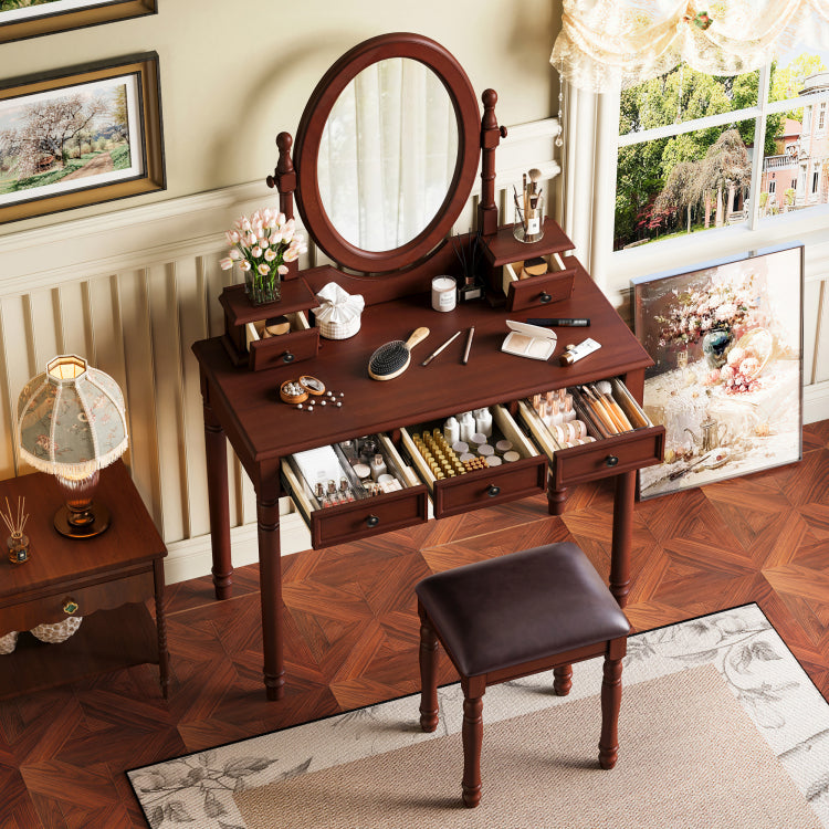 Vanity Desk With Adjustable Angle Mirror, Vintage Vanity Makeup Table And Cushioned Stool Set With Velvet Fabric Lining 5 Drawers,Wooden Dressing Table Set For Bedroom, Walnut