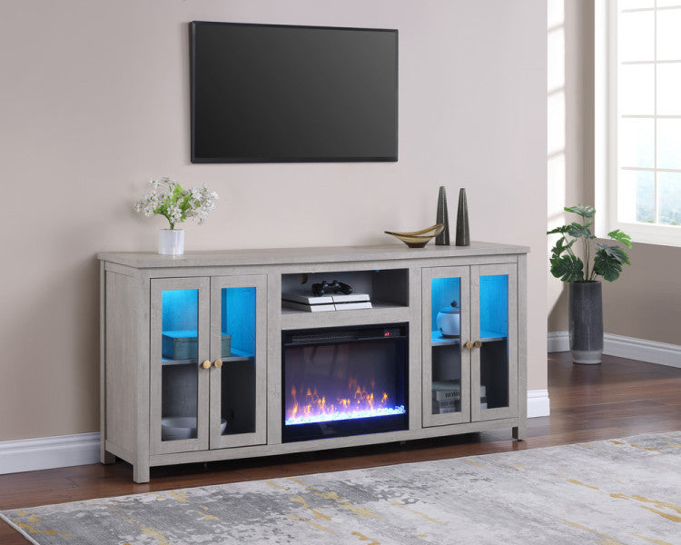 Emerson 70"W Light Gray Finish Fireplace Tv Stand Console With Heater, Led Light, Cabinets, Shelves