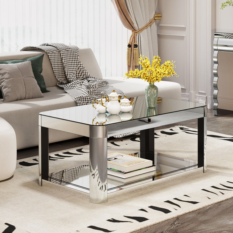 Baked Curved Mirror Coffee Table For Living Room, Modern Glass Coffee Table With Glass Top, Rectangular Center Table Premium Furniture