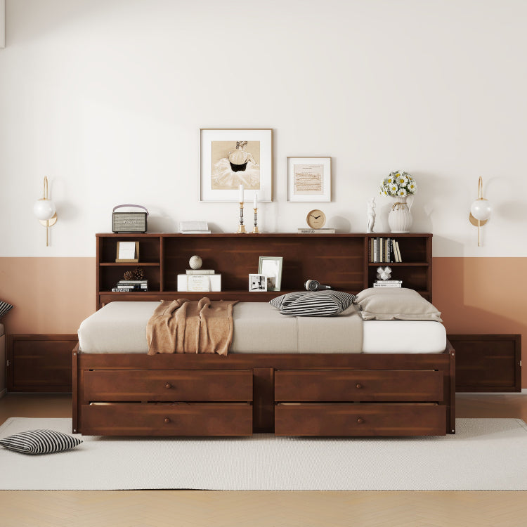 Full Size Wooden Captain Bed With Built In Storage Shelves, 4 Drawers And 2 Cabinets, Antique Brown