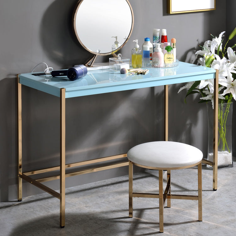 Rectangular Writing Desk With Usb Port, Baby Blue And Gold