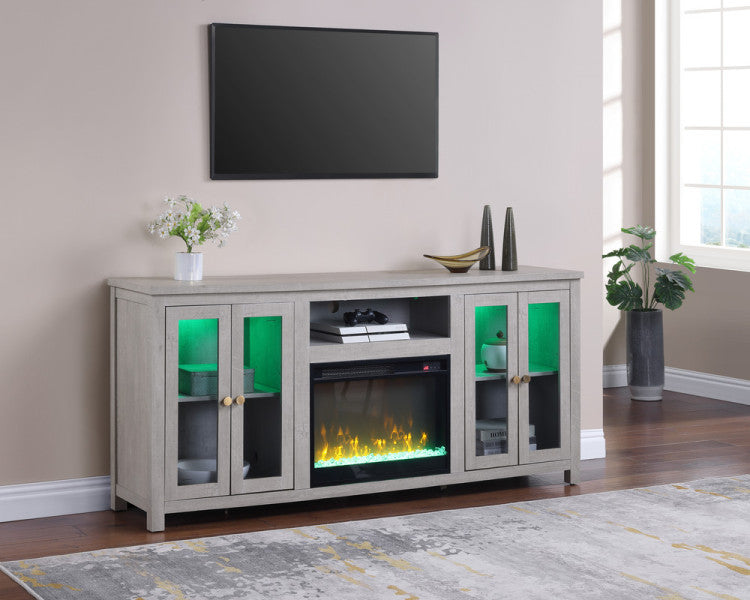 Emerson 70"W Light Gray Finish Fireplace Tv Stand Console With Heater, Led Light, Cabinets, Shelves