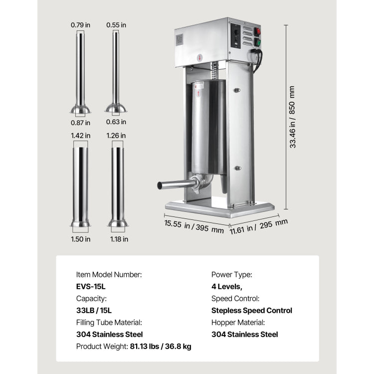 Electric Sausage Stuffer, 33 Lbs 15 L Vertical Meat Stuffer, Stepless Speed Control And Foot Pedal, Stainless Steel Heavy Duty Sausage Filler With 4 Stuffing Tubes, For Commercial & Home Use